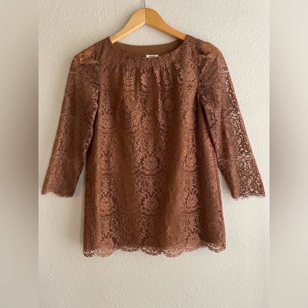 FOSSIL Y2K Brown Lace Scoopneck Top